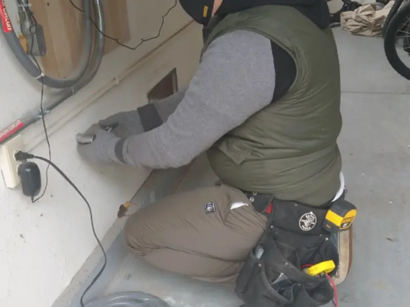 Electrician performing outlet wiring in a St. Petersburg garage